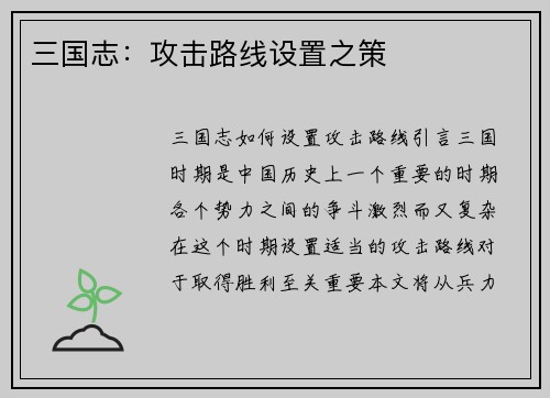 三国志：攻击路线设置之策